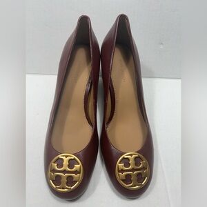 Tory Burch Women's Burgundy Heels with Gold Logo